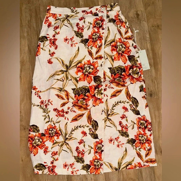 JOIE HAWAIIAN FLORAL WRAP SKIRT LINEN ORANGE GREEN SIZE MEDIUM Tropical - Picture 3 of 9